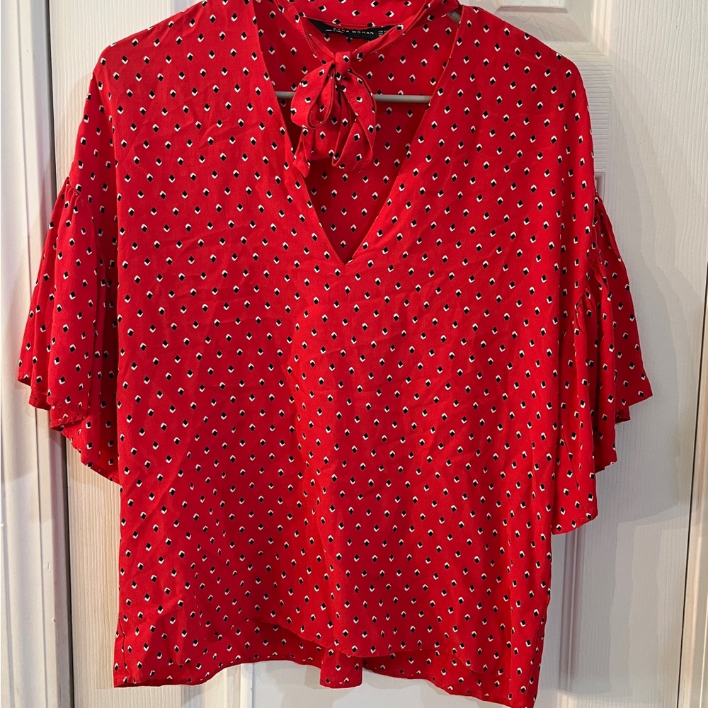 Zara Red Flutter Sleeve Blouse with Tie Front